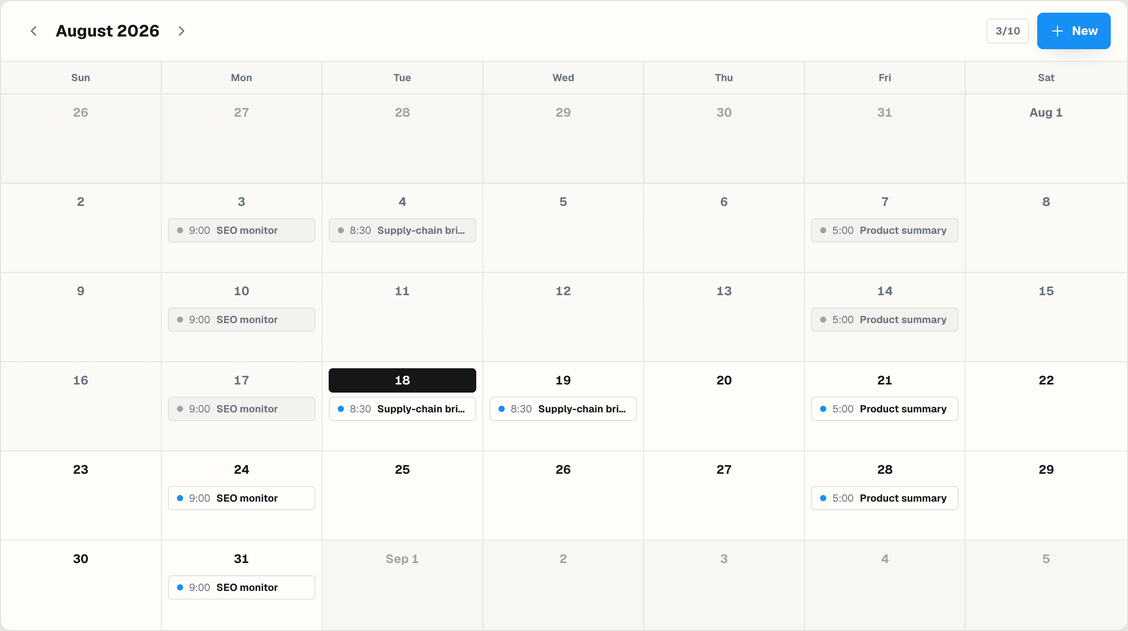 Illustrative Scheduled Tasks calendar showing recurring supply-chain briefing, SEO monitoring, and product-summary tasks across a month, with today highlighted.