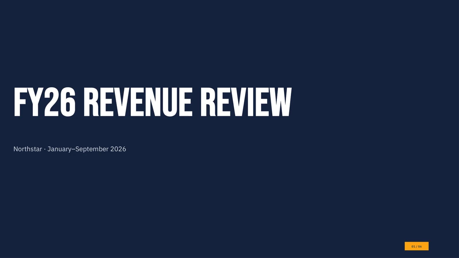 Cover slide of the FY26 revenue review generated by GLM 5.2