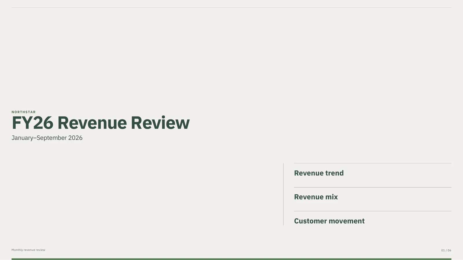 Cover slide of the FY26 revenue review generated by GPT 5.6 Terra