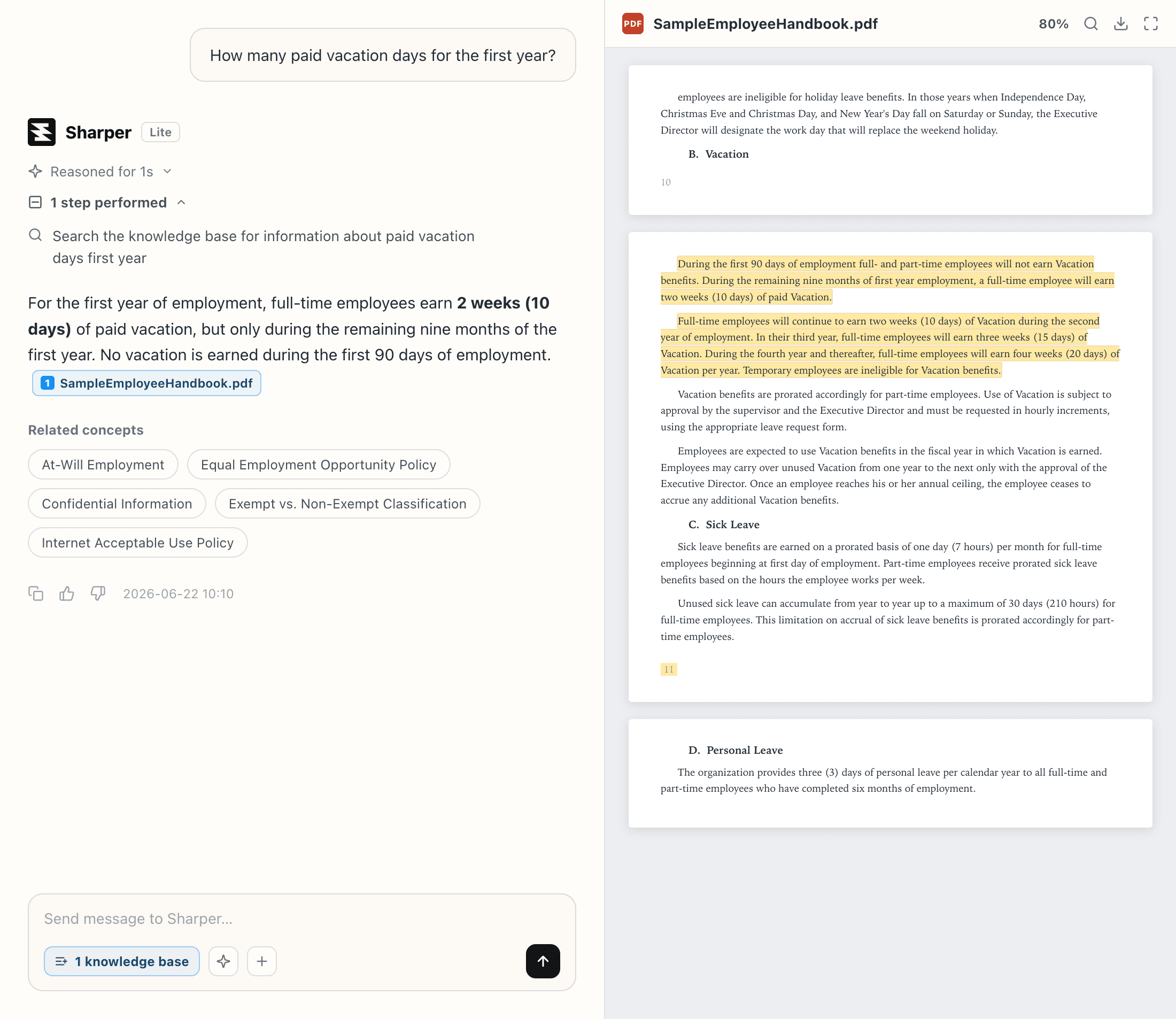 The Sharper chat answering a handbook question, with the cited passage highlighted in the source PDF beside the answer.