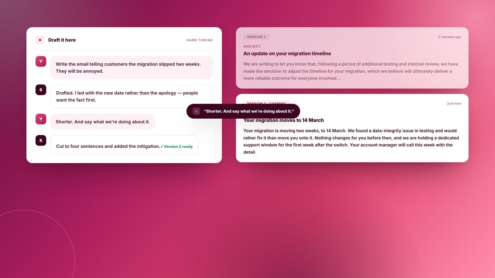 A chat drafting an email, with a revised version replacing the first draft in the same conversation