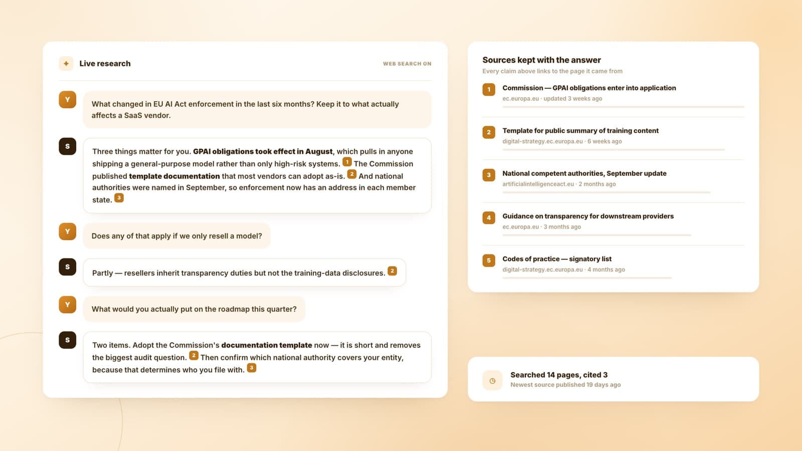 A chat research answer with numbered citations linked to a list of live web sources