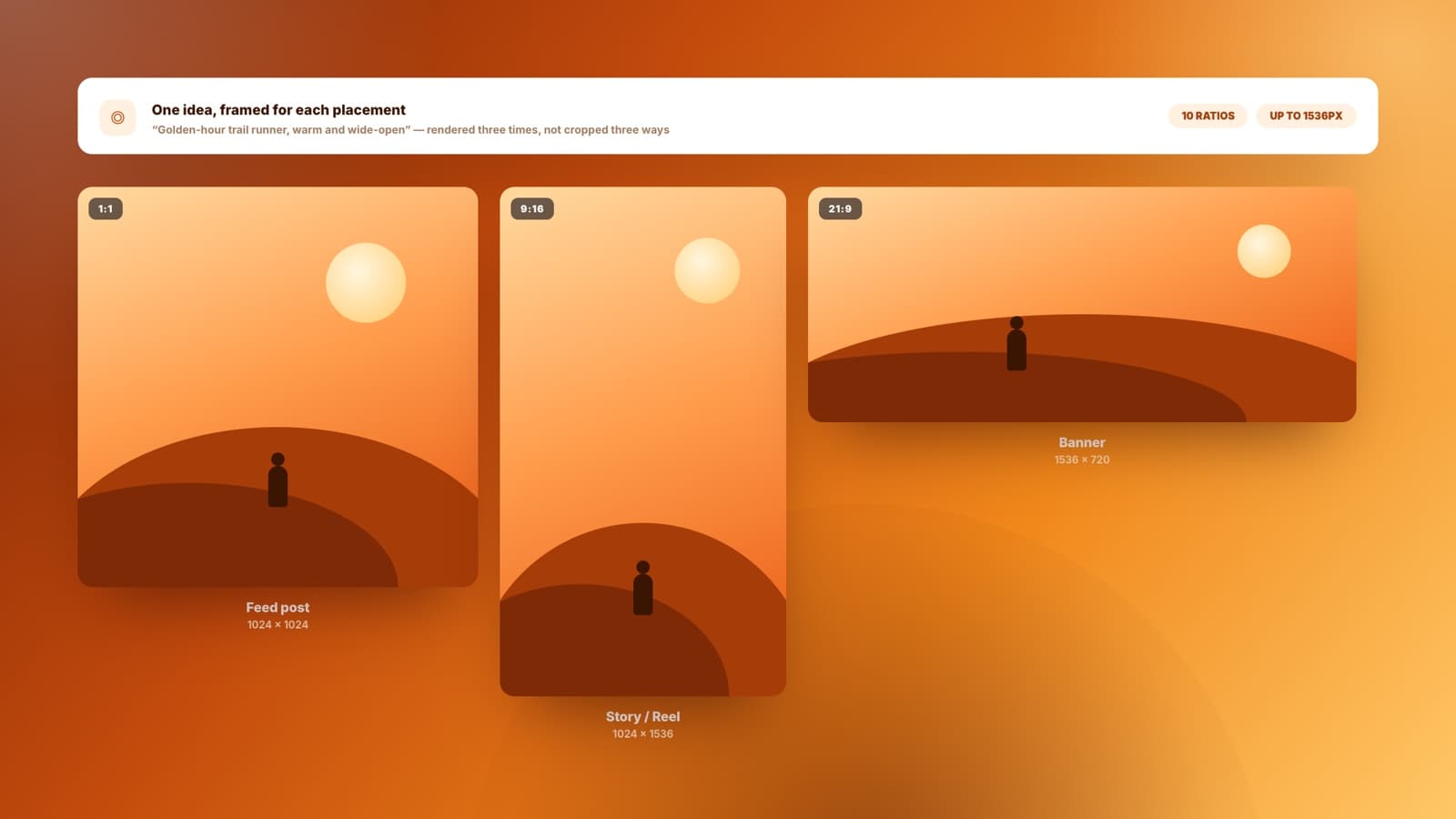 Eine Bildidee, gerendert im quadratischen, hochkanten und ultrabreiten Seitenverhältnis für verschiedene Platzierungen