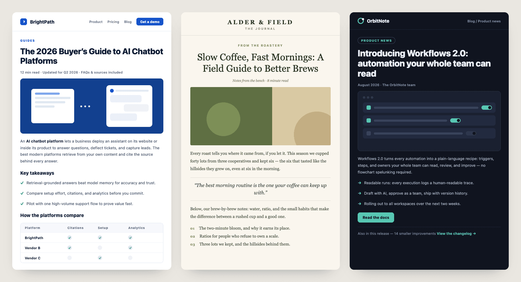 Three illustrative marketing blog drafts created with the AI SEO article generator: a B2B software buyer's guide, an editorial brand journal, and a product launch post.