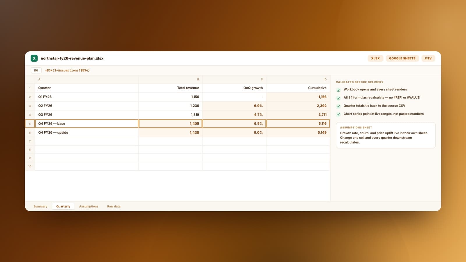 Une grille Excel de totaux trimestriels avec une formule vivante dans la barre de formule, des onglets de feuilles et une liste de validation confirmant que chaque formule se recalcule