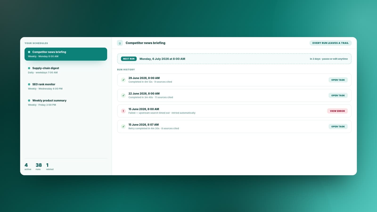 El historial de ejecuciones de una programación: la próxima, las completadas con enlace a sus conversaciones y una fallida que se reintentó sola